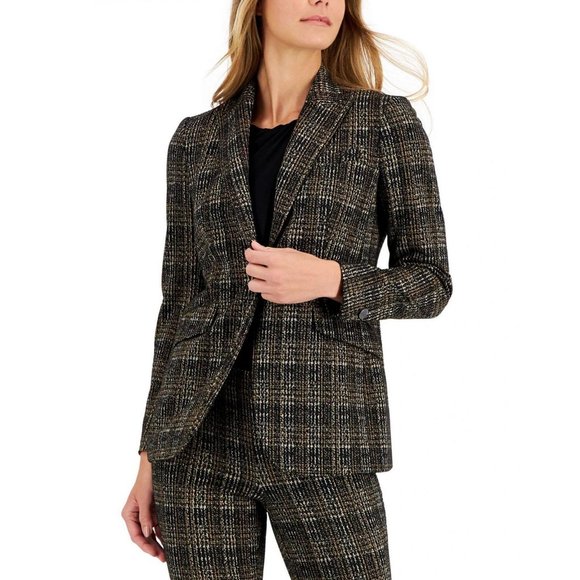 NWT Anne Klein Womens Plaid One-Button Jacket 10852417 0 Anne Black Combo - Picture 1 of 4